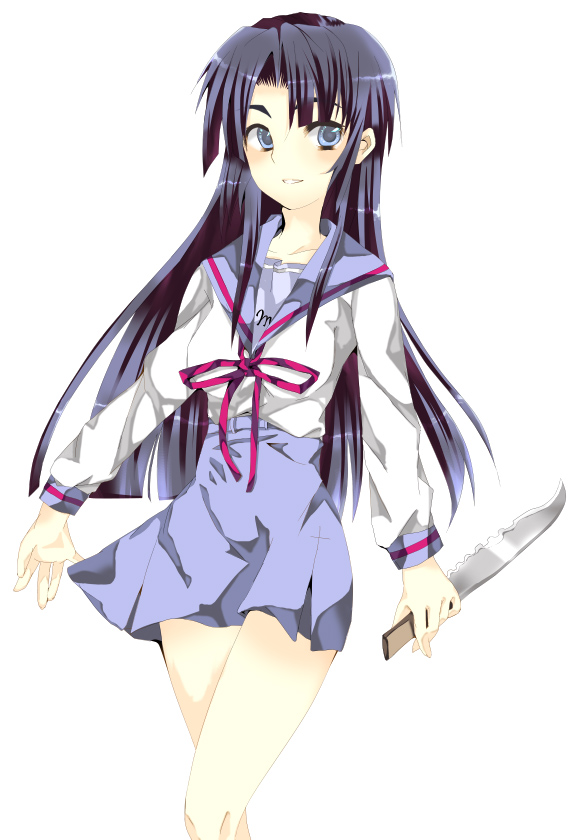 ise (velvet088), asakura ryoko, suzumiya haruhi no yuuutsu, 00s, blue eyes, blue hair, knife, long hair, school uniform, serafuku, solo