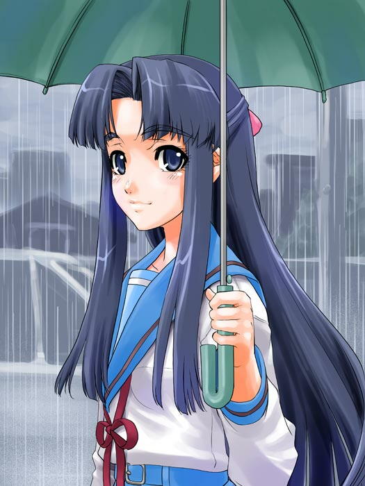 shinama, asakura ryoko, suzumiya haruhi no yuuutsu, 00s, 1girl, blue eyes, blue hair, female focus, half updo, long hair, matching hair/eyes, rain, school uniform, serafuku, solo, umbrella
