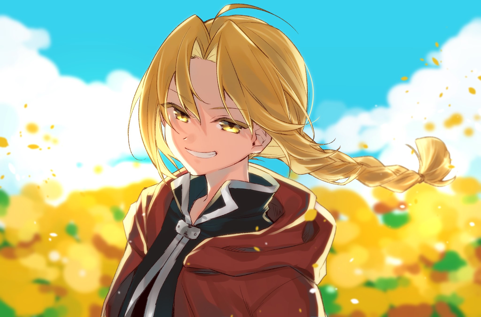 kan'yu (citron 82), edward elric, fullmetal alchemist, highres, 1boy, ahoge, blonde hair, braid, braided ponytail, cloak, cloud, curtained hair, flower, grin, hair intakes, hood, hood down, low ponytail, male focus, ponytail, red cloak, short hair with long locks, single braid, smile, solo, upper body, yellow eyes, yellow flower