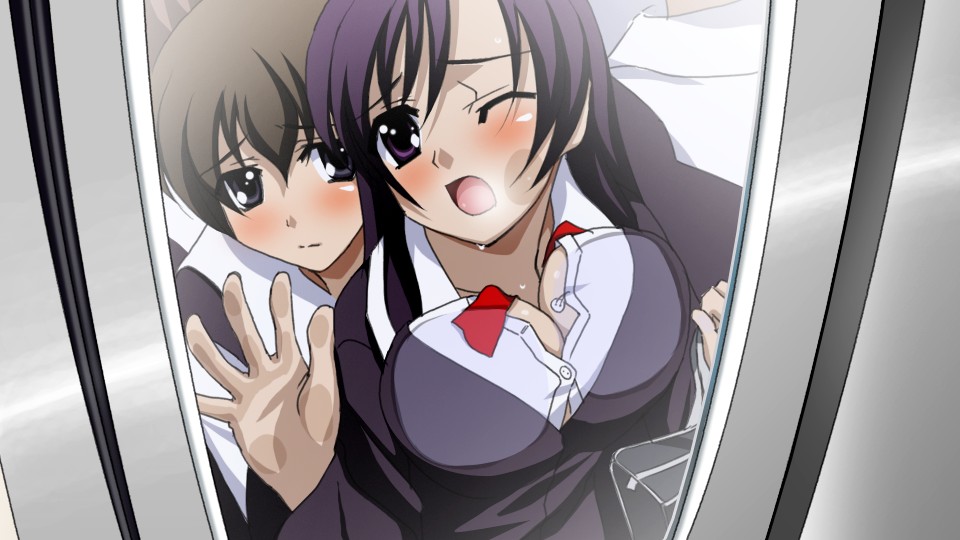 sanshita, katsura kotonoha, saionji sekai, school days, 00s, 2girls, against glass, black eyes, blush, breast press, breasts, breasts on glass, brown hair, cheek squash, cleavage, hand on glass, large breasts, long hair, multiple girls, neck ribbon, one eye closed, open clothes, open mouth, open shirt, purple eyes, school uniform, shirt, short hair, train, train interior, undone, undone neck ribbon, window