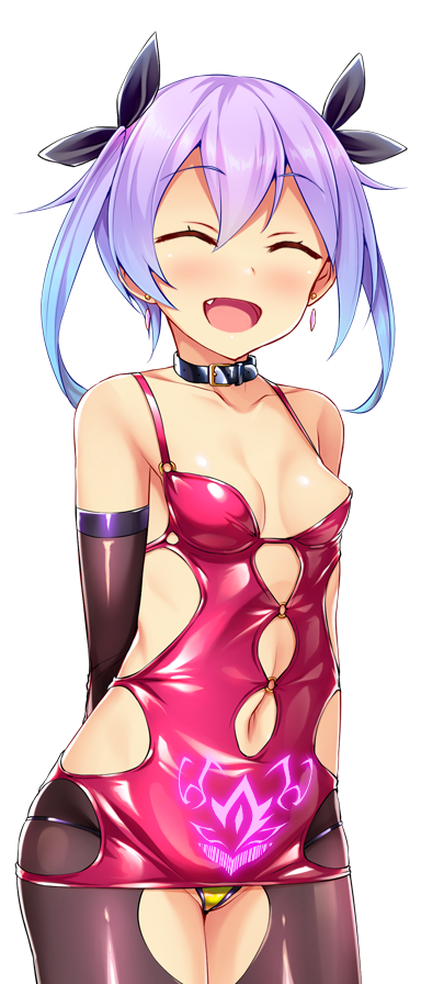 satou kuuki, game cg, non-web source, official art, variant set, 1girl, :d, ^ ^, areola slip, arms behind back, bare shoulders, black bow, black pantyhose, blue hair, blush, bow, breasts, closed eyes, clothing cutout, collar, collarbone, cowboy shot, dress, earrings, elbow gloves, facing viewer, fang, fujii natsumi (ysphere), gloves, gradient hair, hair between eyes, hair bow, hair ribbon, jewelry, microdress, multicolored hair, navel, navel cutout, nipples, open mouth, panties, pantyhose, pink dress, pubic tattoo, purple hair, red dress, ribbon, shiny clothes, short dress, side cutout, simple background, sleeveless, sleeveless dress, small breasts, smile, solo, soukou seiki ysphere, standing, tattoo, twintails, underwear, white background, yellow panties