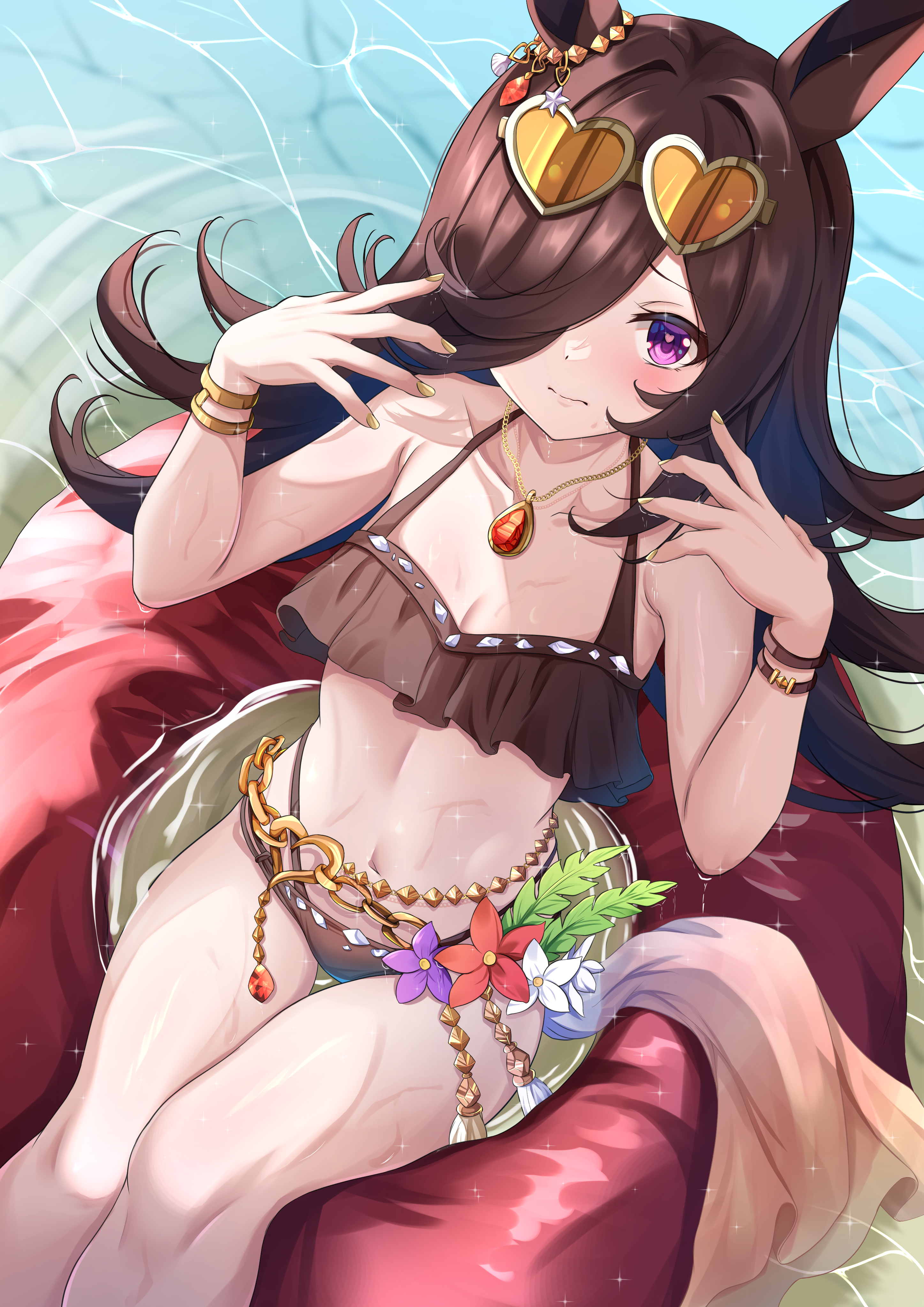 maimuu, maruzensky (blasting off summer night) (umamusume), maruzensky (umamusume), rice shower (umamusume), umamusume, absurdres, highres, 1girl, animal ears, bare arms, bare shoulders, bikini, blush, breasts, brown bikini, brown hair, cleavage, closed mouth, cosplay, eyewear on head, frilled bikini, frills, hair over one eye, heart, heart-shaped eyewear, horse ears, horse girl, horse tail, jewelry, long hair, looking at viewer, maruzensky (umamusume) (cosplay), navel, necklace, purple eyes, sidelocks, sitting, solo, stomach, swim ring, swimsuit, tail, tinted eyewear, wet, white-framed eyewear, yellow-tinted eyewear