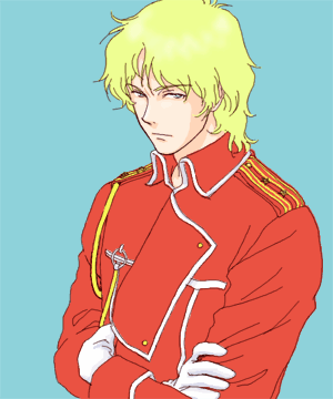 char aznable, fullmetal alchemist, gundam, mobile suit gundam, lowres, 1boy, blonde hair, crossed arms, crossover, gloves, male focus, parody, simple background, solo