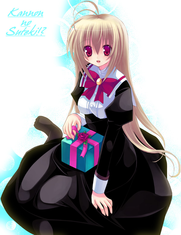 kannon ouji, miyanokouji mizuho, otome wa boku ni koishiteru, 00s, 1boy, blonde hair, dress, gift, holding, holding gift, long hair, male focus, red eyes, solo, trap, white background