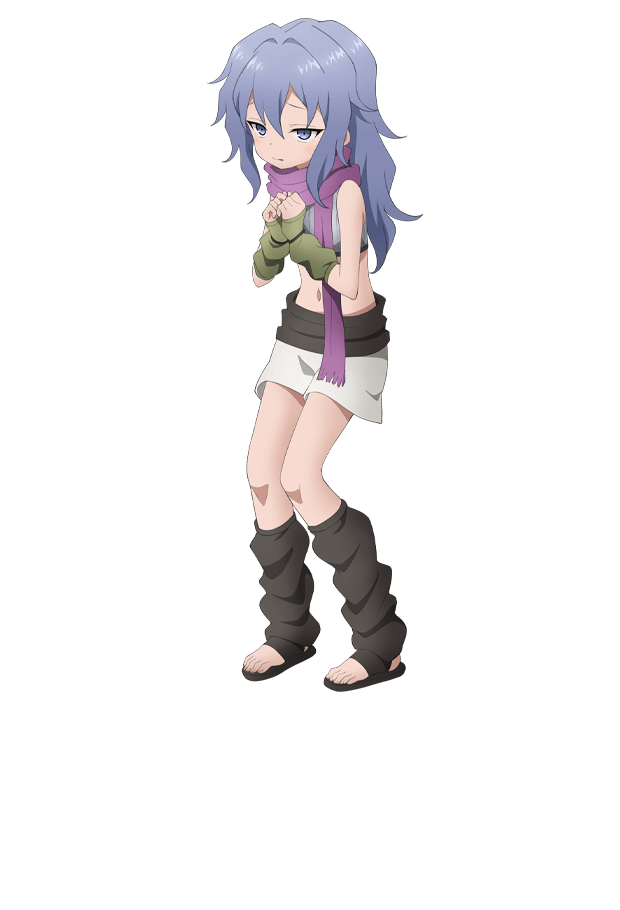 okuda yousuke, hagi (kunoichi tsubaki no mune no uchi), kunoichi tsubaki no mune no uchi, official art, 1girl, anime coloring, bare shoulders, black leg warmers, black sandals, black sash, blue eyes, blue hair, breasts, clenched hands, closed mouth, crossed bangs, fingerless gloves, flat chest, flipped hair, full body, gloves, green gloves, grey shirt, hair between eyes, hands up, leg warmers, long hair, looking at viewer, midriff, navel, ninja, pigeon-toed, purple scarf, sandals, sash, scarf, shirt, short shorts, shorts, simple background, sleeveless, sleeveless shirt, solo, standing, striped clothes, striped shirt, tachi-e, transparent background, tsurime, vertical-striped clothes, vertical-striped shirt, white shorts