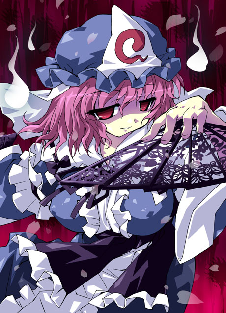 petenshi (dr. vermilion), saigyouji yuyuko, touhou, 1girl, breasts, dress, female focus, hat, large breasts, pink eyes, pink hair, solo
