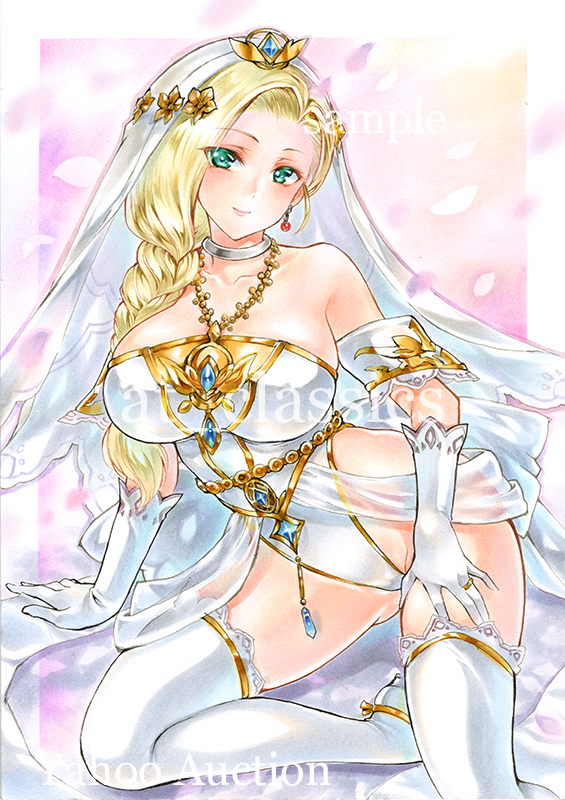 at classics, bianca (dq5), dragon quest, dragon quest v, commentary request, traditional media, 1girl, alternate costume, aqua eyes, arm support, blonde hair, border, braid, breasts, bridal veil, bride, choker, detached sleeves, earrings, gloves, gold trim, hair ornament, hand on own thigh, highleg, highleg leotard, jewelry, large breasts, leotard, looking at viewer, pink background, ring, sample watermark, side part, silver choker, single braid, sitting, solo, sphere earrings, thighhighs, veil, watermark, wedding ring, white border, white gloves, white leotard, white thighhighs, white veil