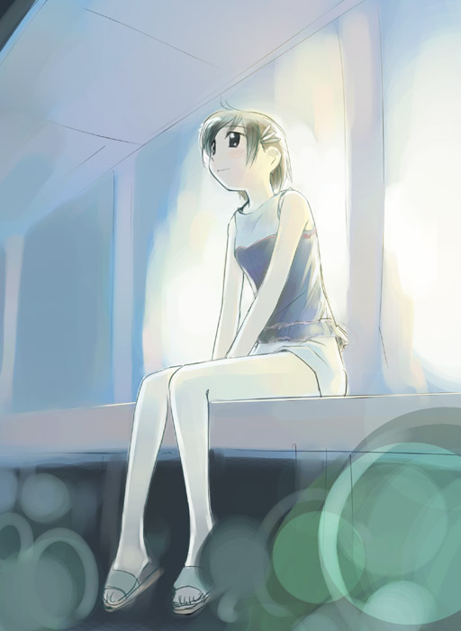 ikeda jun (mizutamari), original, 1girl, female focus, grey hair, legs, sandals, short hair, shorts, sitting, sleeveless, smile, solo