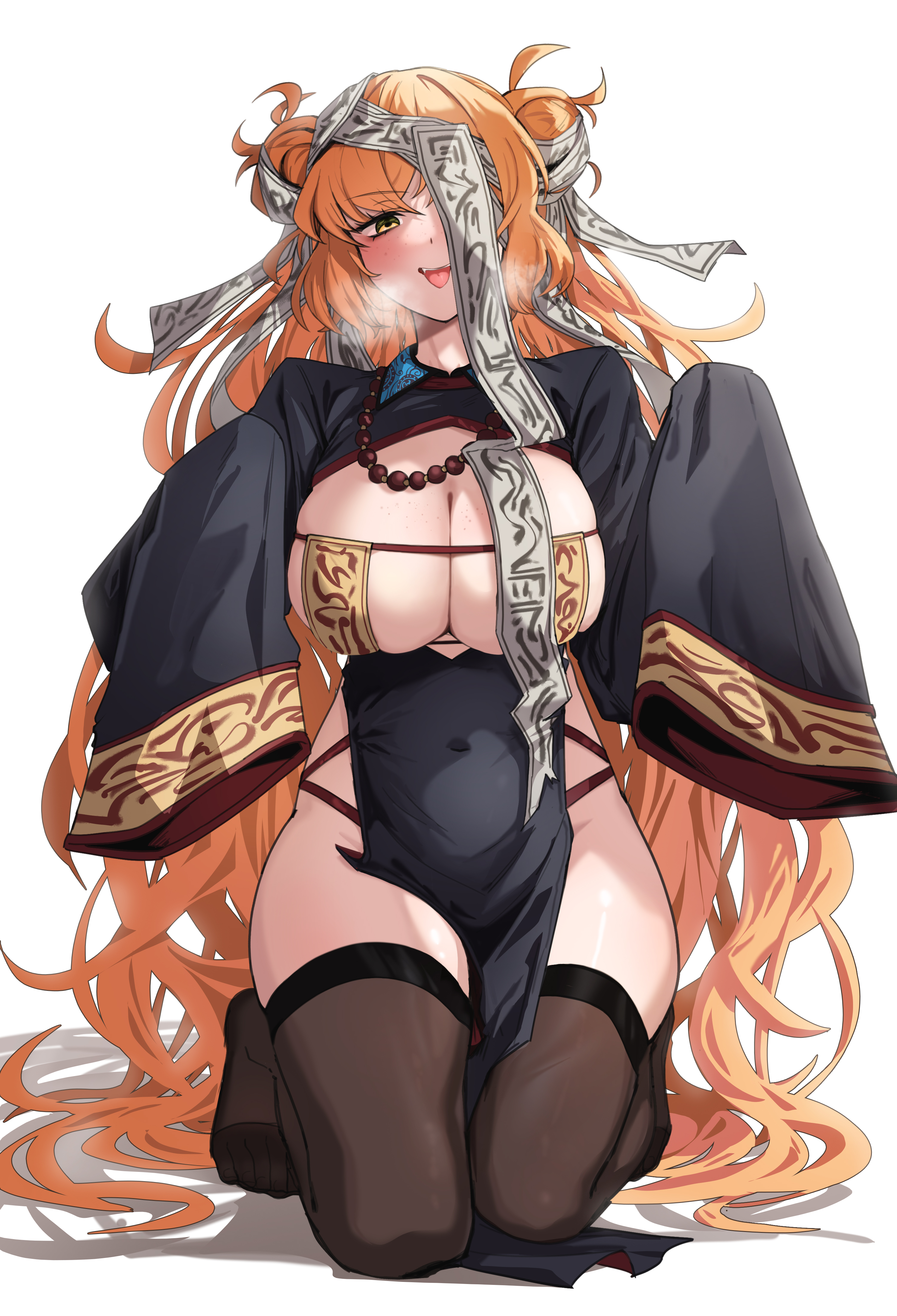 roan green, ishmael (project moon), limbus company, project moon, absurdres, highres, 1girl, black dress, black shrug, black thighhighs, blush, breasts, cleavage, covered navel, double bun, dress, hair bun, jiangshi, kneeling, large breasts, long sleeves, looking at viewer, ofuda, ofuda on head, ofuda on nipples, open mouth, orange hair, pasties, shrug (clothing), side slit, simple background, sleeves past wrists, smile, solo, thighhighs, tongue, tongue out, white background, yellow eyes