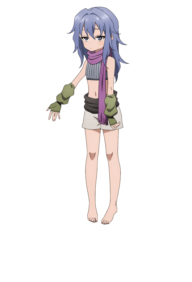 okuda yousuke, hagi (kunoichi tsubaki no mune no uchi), kunoichi tsubaki no mune no uchi, official art, 1girl, anime coloring, bare shoulders, barefoot, black sash, blue eyes, blue hair, breasts, closed mouth, crossed bangs, fingerless gloves, flat chest, flipped hair, full body, gloves, green gloves, grey shirt, hair between eyes, long hair, looking at viewer, midriff, navel, ninja, open hand, outstretched arm, purple scarf, sash, scarf, shirt, short shorts, shorts, simple background, sleeveless, sleeveless shirt, solo, spread fingers, standing, striped clothes, striped shirt, tachi-e, transparent background, tsurime, vertical-striped clothes, vertical-striped shirt, white shorts