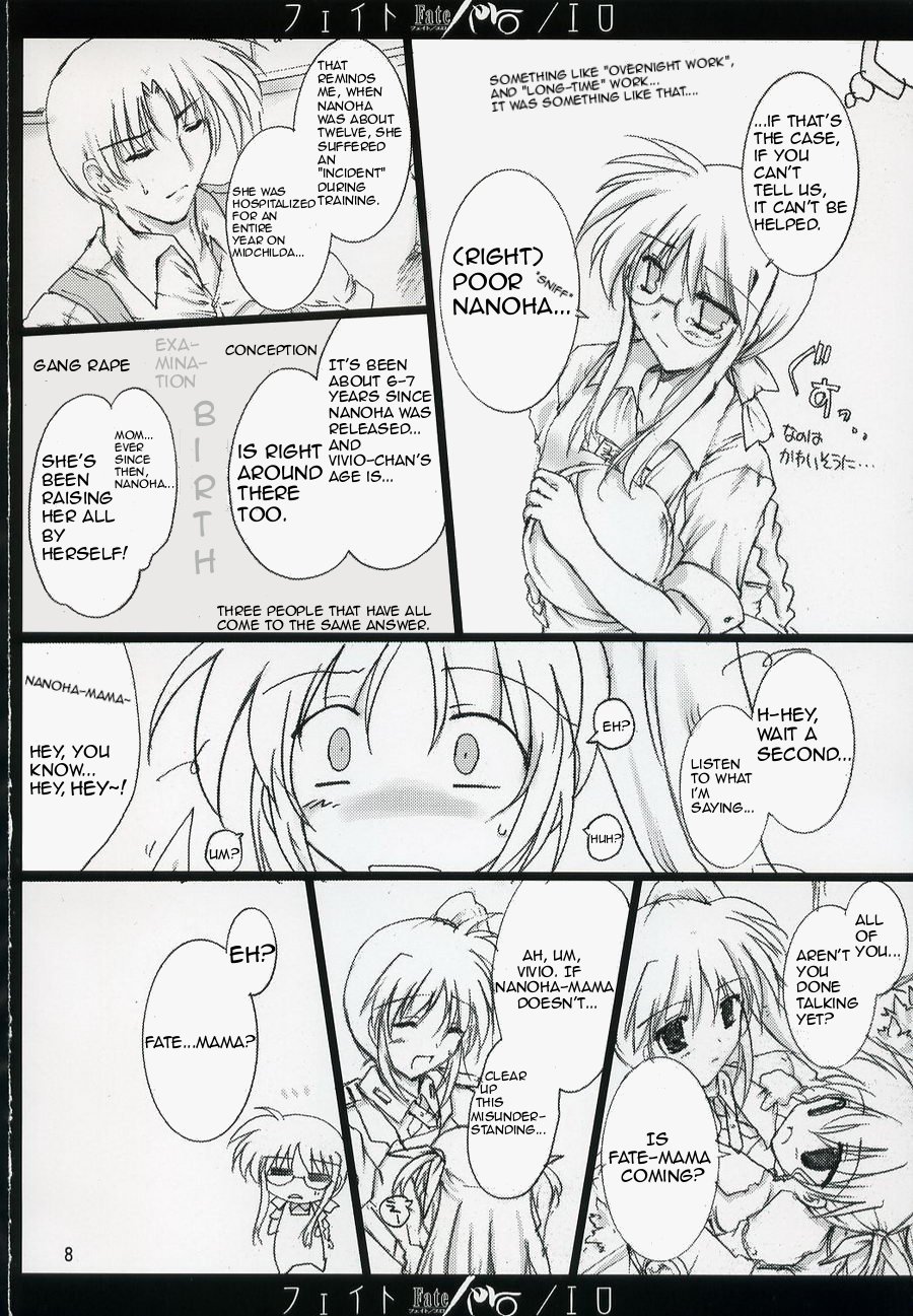 takamachi miyuki, takamachi nanoha, takamachi shirou, vivio, lyrical nanoha, mahou shoujo lyrical nanoha, mahou shoujo lyrical nanoha strikers, hard-translated, highres, third-party edit, translated, 00s, 1boy, 3girls, comic, english text, greyscale, monochrome, multiple girls