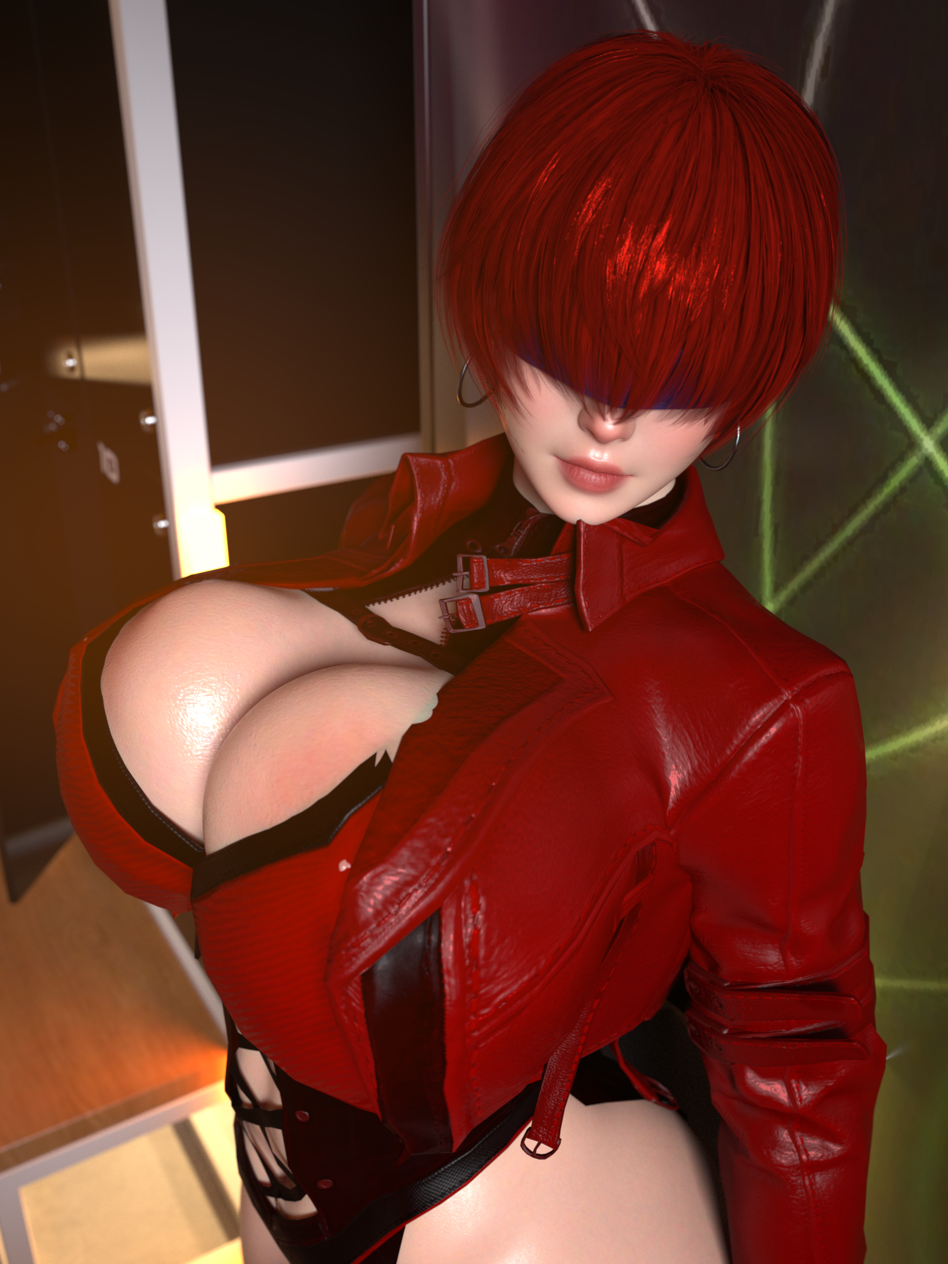 shermie (kof), the king of fighters, 1girl, breasts, cleavage, cleavage cutout, clothing cutout, curvy, earrings, faceman108, female focus, huge breasts, jacket, jewelry, large breasts, leotard, long hair, pale skin, red hair, shiny clothes, shiny skin, thick thighs, thighs, wide hips
