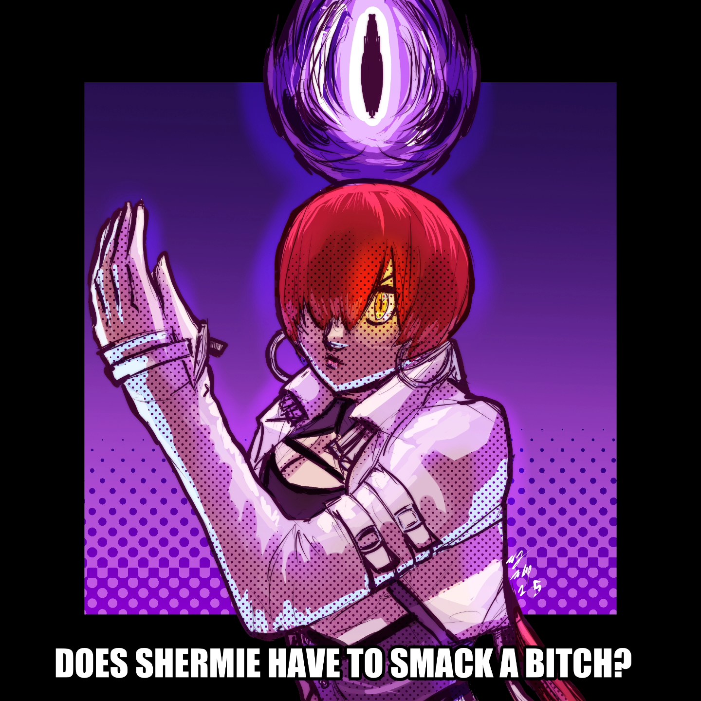 shermie (kof), the king of fighters, 1girl, breasts, cleavage, cleavage cutout, clothing cutout, curvy, dress, earrings, female focus, glowing, glowing eyes, jacket, jewelry, large breasts, long hair, long sleeves, looking at viewer, pale skin, ponytail, red hair, snake eyes, taurence bell, yellow eyes