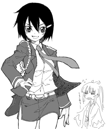 satou atsuki, zenigata mawari, seto no hanayome, 00s, 2girls, belt, cowboy shot, dress shirt, formal clothes, greyscale, grin, hair ornament, hairclip, hand on own hip, jacket, monochrome, multiple girls, necktie, open clothes, open jacket, pencil skirt, police, police uniform, policewoman, shirt, short hair, simple background, skirt, smile, suit, teeth, walking, white background