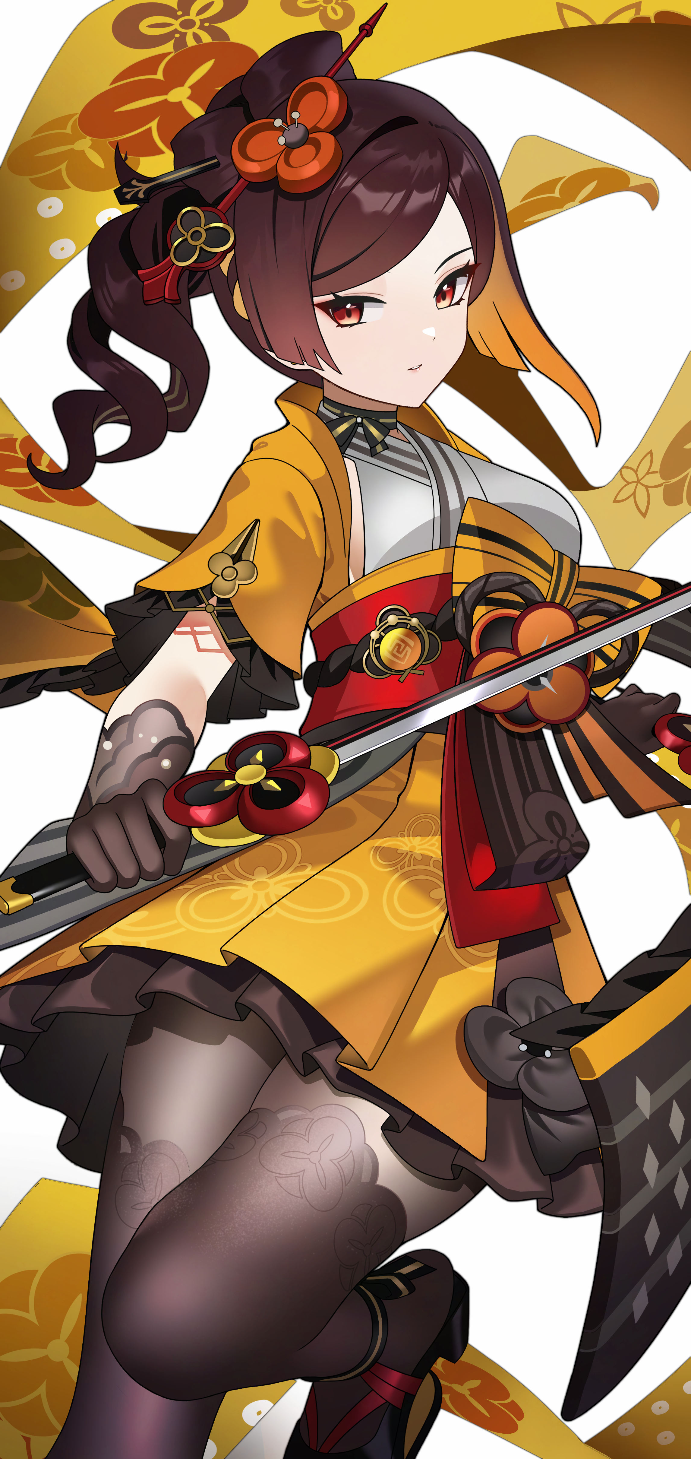 yuujin (yuzinn333), chiori (genshin impact), genshin impact, absurdres, highres, 1girl, black gloves, black pantyhose, brown hair, closed mouth, drill hair, drill ponytail, gloves, hair ornament, hairpin, japanese clothes, looking at viewer, medium hair, obi, pantyhose, red eyes, sandals, sash, short sleeves, side ponytail, simple background, solo, sword, vision (genshin impact), weapon, white background