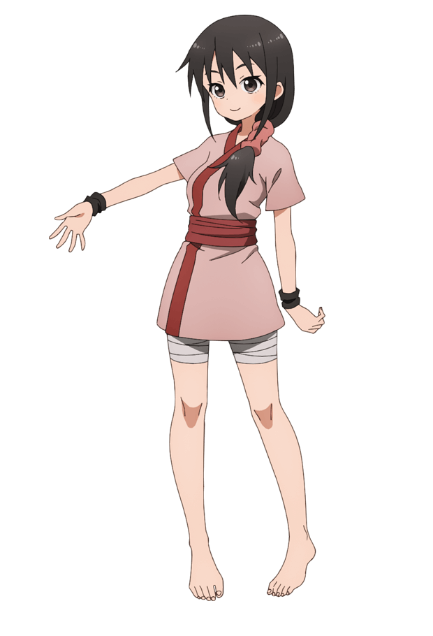okuda yousuke, tachiaoi (kunoichi tsubaki no mune no uchi), kunoichi tsubaki no mune no uchi, official art, 1girl, anime coloring, bandaged leg, bandages, barefoot, black hair, blush, breasts, brown eyes, closed mouth, full body, hair between eyes, hair ornament, hair scrunchie, japanese clothes, kimono, large breasts, long hair, looking at viewer, low-tied long hair, ninja, open hand, outstretched arms, palms, pink kimono, pink scrunchie, red sash, sash, scrunchie, short kimono, short sleeves, sidelocks, simple background, smile, solo, spread fingers, standing, tachi-e, transparent background, wristband