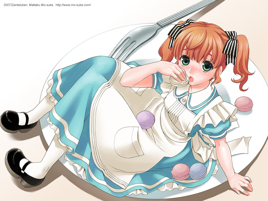 mattaku mousuke, original, black shoes, blush, dated, eating, food, fork, freckles, green eyes, maid, mini person, minigirl, on plate, orange hair, oversized object, pantyhose, plate, shoes, short hair, solo, twintails, watermark, web address, white pantyhose
