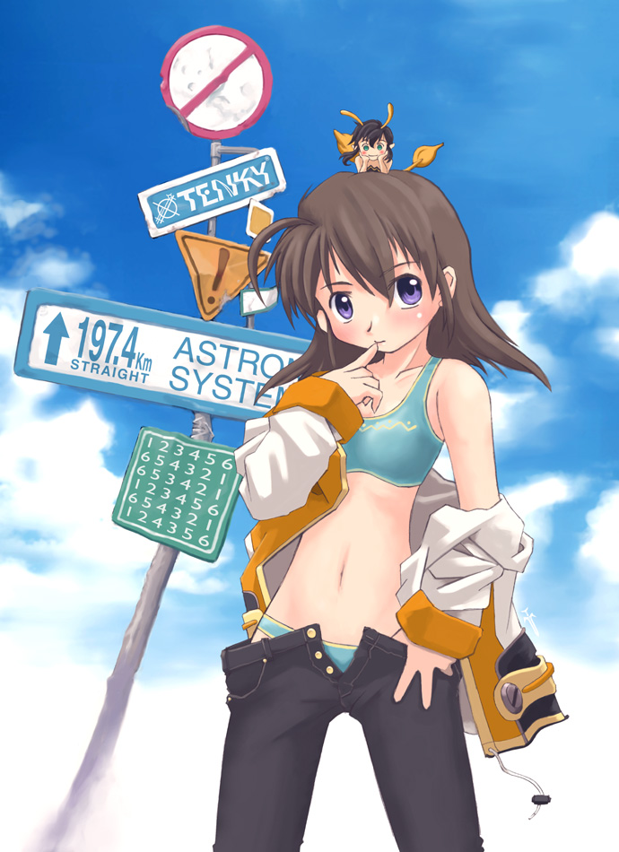 5th coin, matsumae takumi, original, 1girl, antennae, aqua bikini, bikini, brown hair, day, female focus, finger to mouth, green eyes, jacket, off shoulder, purple eyes, road sign, sign, solo, swimsuit, unbuttoned