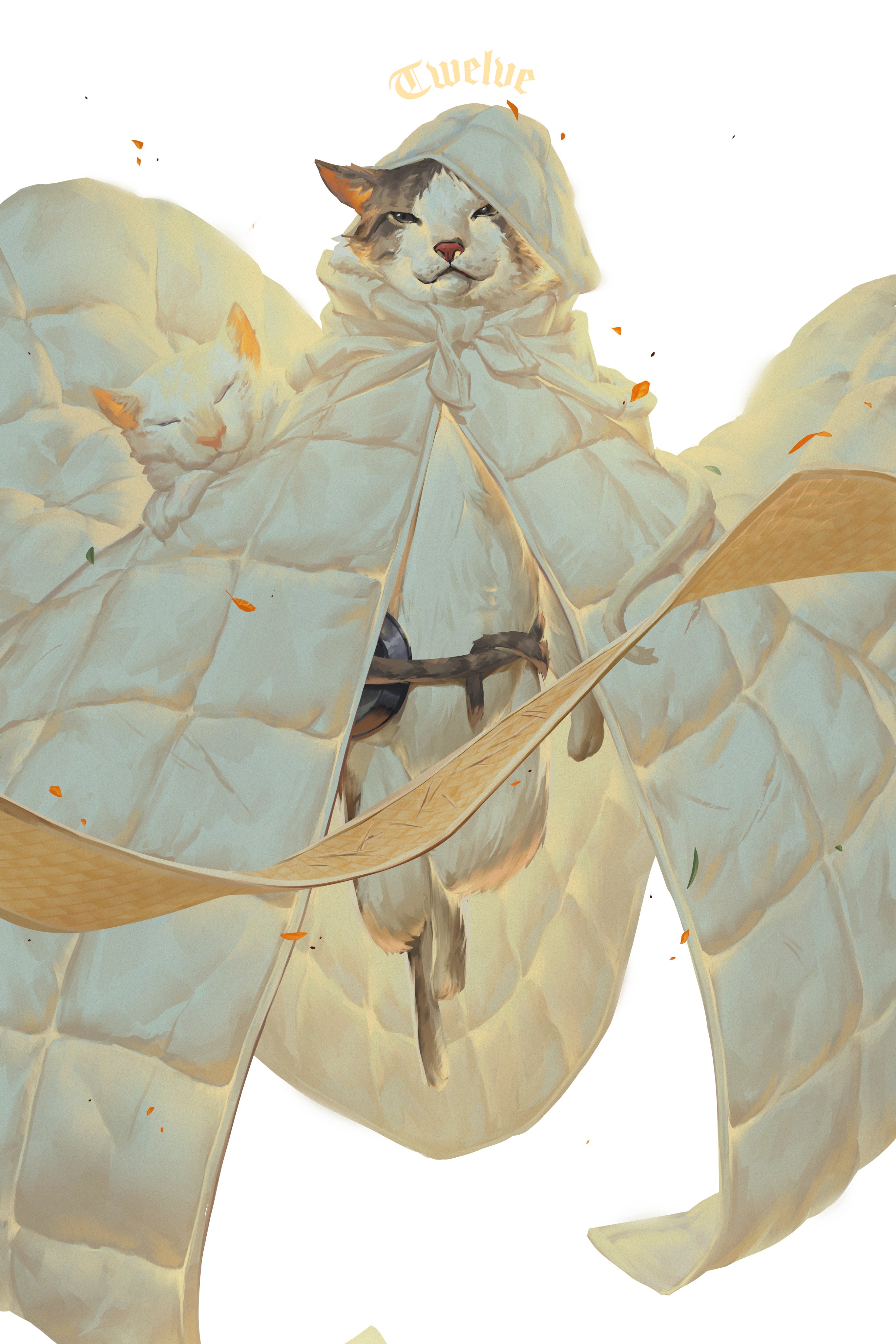 patrick ganas, original, absurdres, commentary, english commentary, highres, animal ears, animal name, blanket, cat, cat ears, coat, floating, hood, hood up, looking at viewer, white background, white coat, white fur