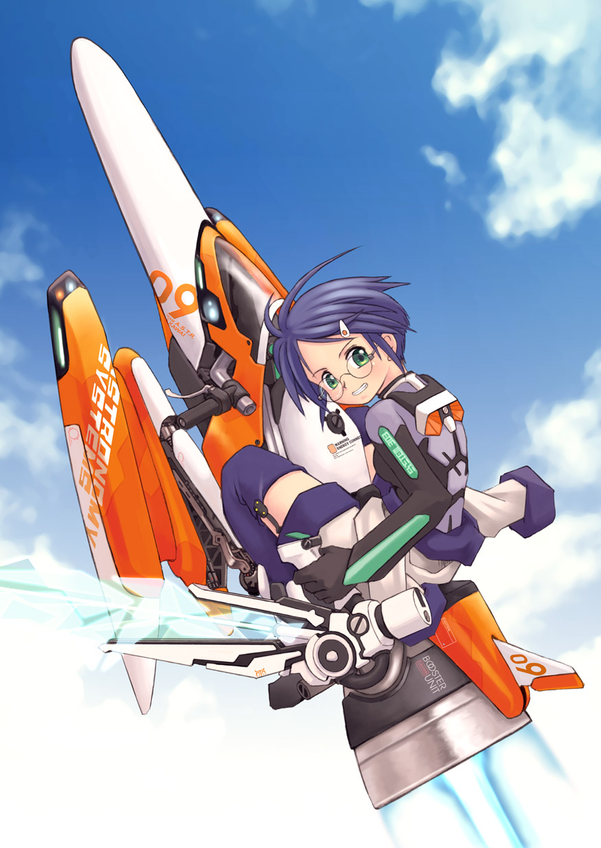 5th coin, matsumae takumi, highres, 1girl, blue hair, cloud, day, female focus, glasses, gloves, green eyes, rocket, short hair, solo, thighhighs