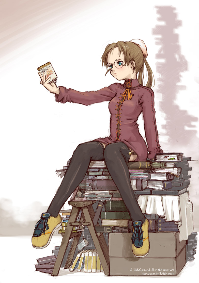 5th coin, matsumae takumi, original, 1girl, black thighhighs, book, book stack, brown hair, chinese clothes, female focus, garter straps, glasses, green eyes, hair bun, open book, reading, single hair bun, sitting, solo, thighhighs, zettai ryouiki