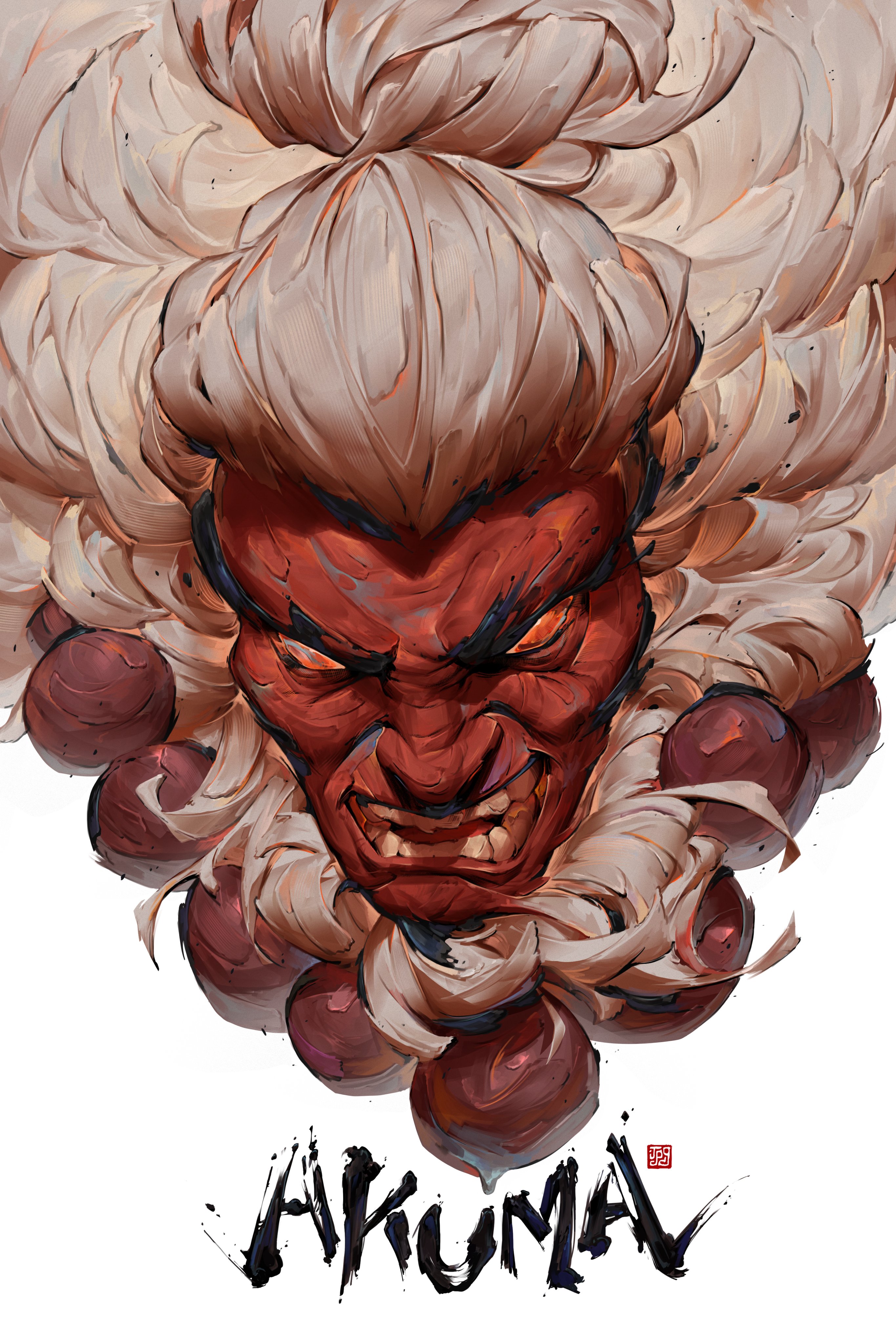 patrick ganas, akuma (street fighter), street fighter, absurdres, highres, 1boy, angry, bead necklace, beads, character name, colored skin, jewelry, long hair, male focus, necklace, portrait, red skin, solo, teeth, white background, white hair