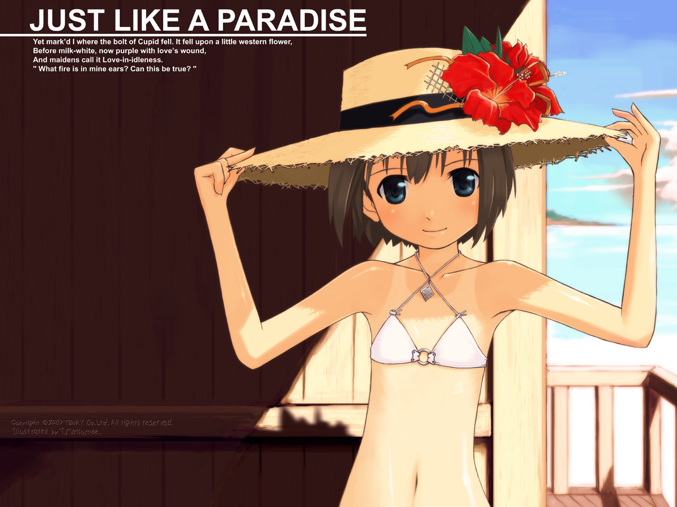 5th coin, matsumae takumi, original, 1girl, bikini, bikini top only, blue eyes, brown hair, female focus, flat chest, flower, hat, hat flower, hibiscus, short hair, solo, swimsuit