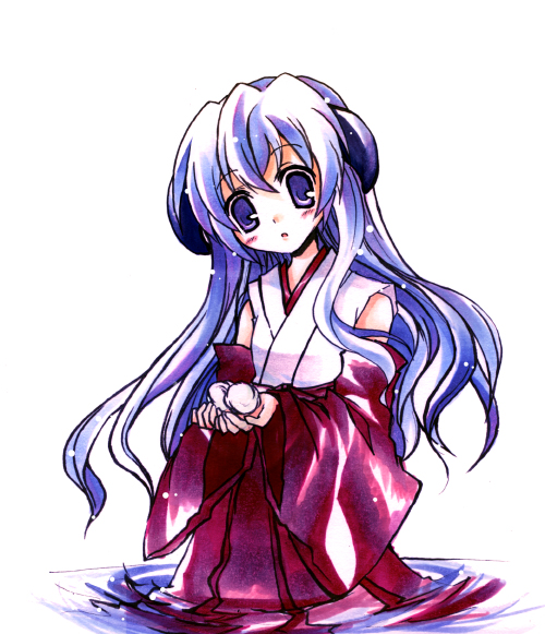 suzushiro kurumi, hanyuu, higurashi no naku koro ni, 00s, 1girl, blush, detached sleeves, female focus, hakama, hakama skirt, horns, japanese clothes, long hair, miko, purple eyes, purple hair, red hakama, skirt, solo, wading, water