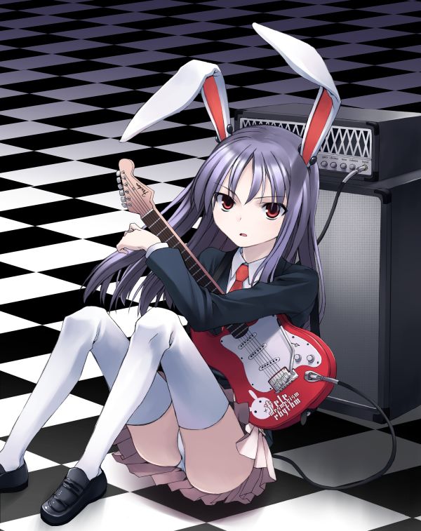 b.k., ichikura (bk), morimoto kiyona, reisen udongein inaba, touhou, silver hair, duplicate, jpeg artifacts, 1girl, amplifier, animal ears, blazer, checkered floor, electric guitar, female focus, floor, guitar, instrument, jacket, long hair, necktie, panties, pantyshot, perspective, rabbit ears, red eyes, skirt, solo, thighhighs, underwear, upskirt, white thighhighs, zettai ryouiki
