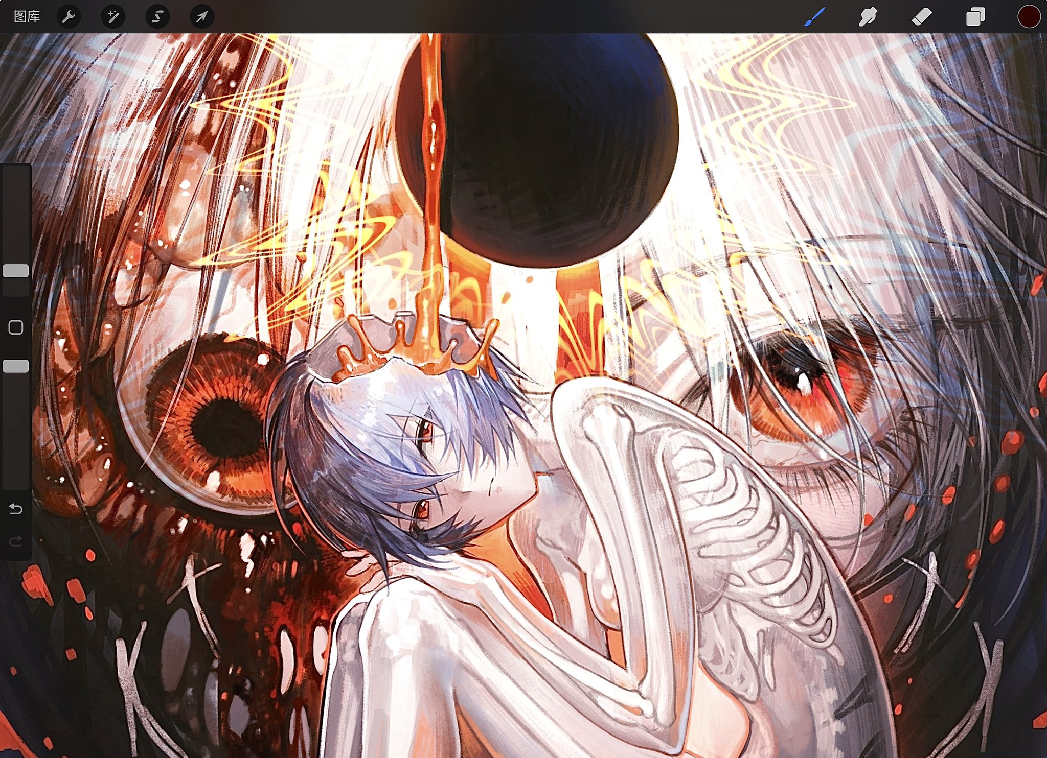 huli xiaobai, ayanami rei, neon genesis evangelion, highres, 1girl, art program in frame, black moon, blue hair, bone, breasts, eyeball, eyelashes, lcl, medium breasts, moon, red eyes, ribs, see-through body, skeleton, solo, surreal