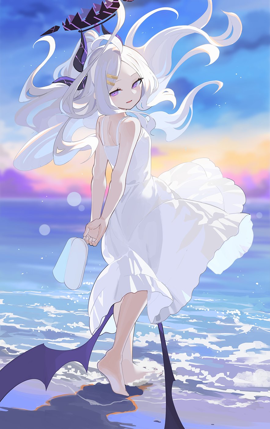 falken (yutozin), hina (blue archive), blue archive, highres, 1girl, ahoge, back, black halo, breasts, demon girl, demon horns, demon wings, halo, horns, long hair, looking at viewer, ocean, outdoors, purple eyes, small breasts, solo, standing, white hair, wings