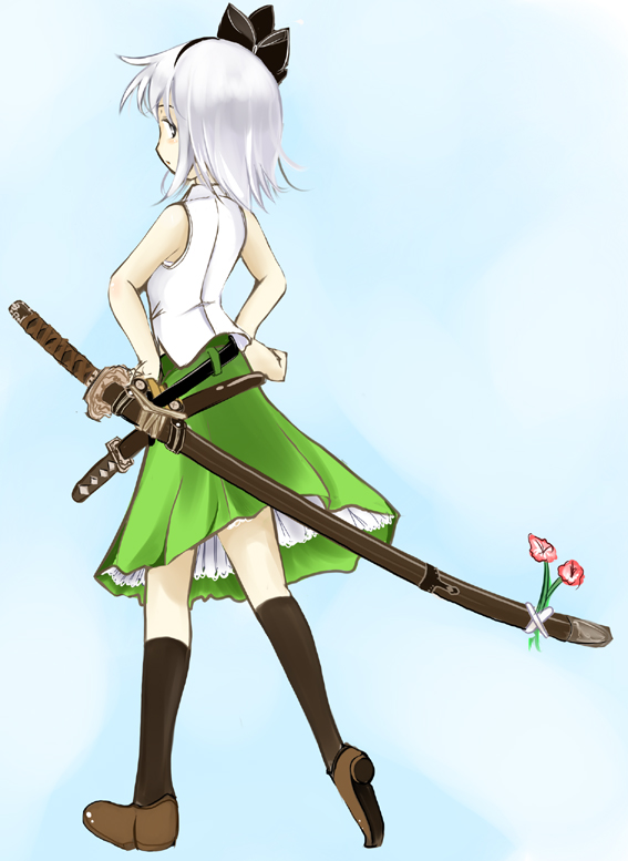 takaharu, konpaku youmu, touhou, 1girl, belt, female focus, flower, full body, gradient background, hairband, katana, kneehighs, ribbon, sheath, sheathed, short hair, skirt, socks, solo, sword, wakizashi, weapon, white hair