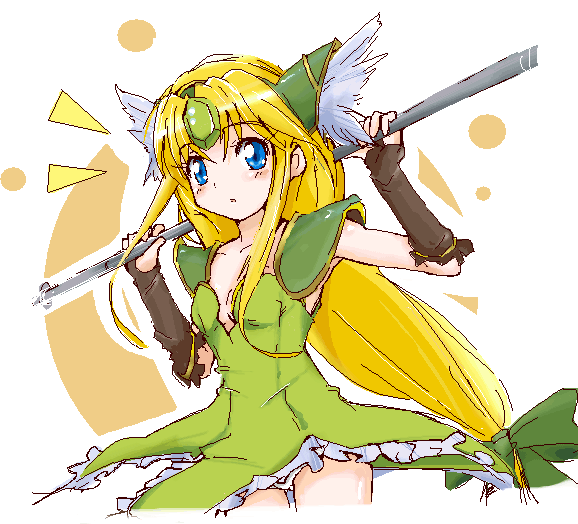 ixy, riesz, seiken densetsu, seiken densetsu 3, 1girl, blonde hair, blue eyes, blush, bow, bridal gauntlets, dress, female focus, flat chest, hair bow, head wings, helmet, long hair, low-tied long hair, oekaki, ponytail, solo, staff, winged helmet, wings