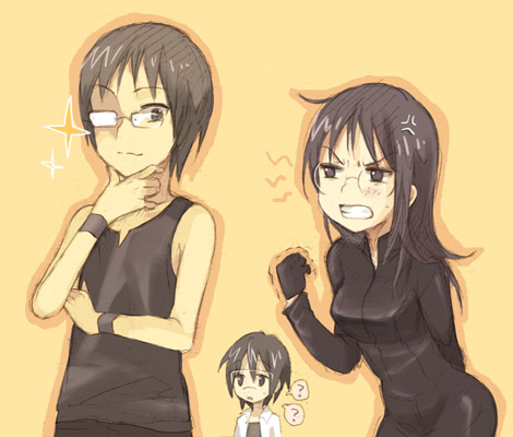 matsuzawa hajime, harakawa ken'ichi, harakawa tamako, nekome sousuke, dennou coil, lowres, 00s, 1girl, 2boys, biker clothes, bikesuit, bodysuit, glasses, multiple boys