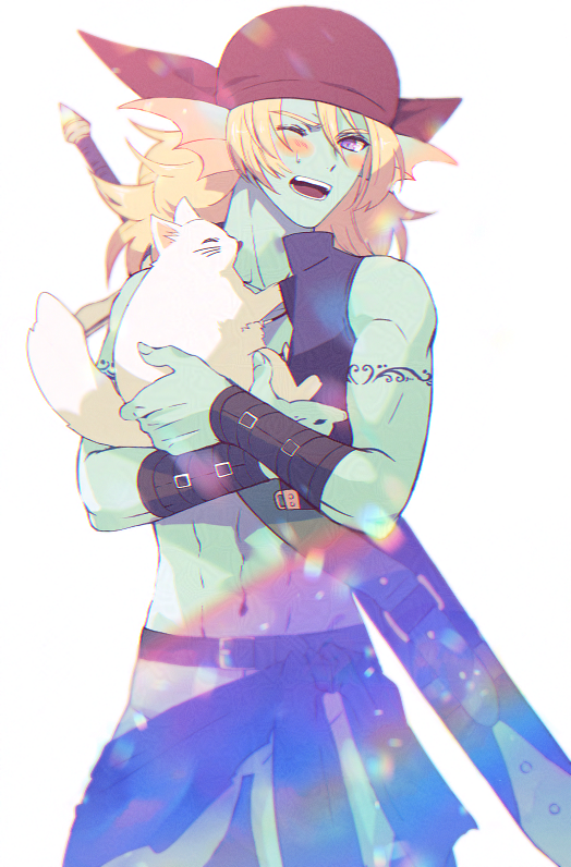 korori (mofu mofu), dragon quest, dragon quest x, commentary request, 1boy, animal, aqua skin, arm guards, arm tattoo, bandana, belt, black sarong, blonde hair, blush, brown belt, cat, colored skin, cowboy shot, fins, fish boy, head fins, holding, holding animal, holding cat, hyuuza (dq10), looking at animal, male focus, medium hair, monster boy, navel, one eye closed, open mouth, pants, purple eyes, purple vest, red bandana, sarong, solo, sweatdrop, sword, sword on back, tattoo, toned, toned male, vest, weapon, weapon on back, white background, white pants
