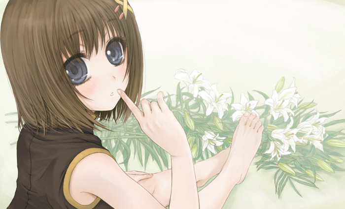 takanashi, yagami hayate, lyrical nanoha, mahou shoujo lyrical nanoha, mahou shoujo lyrical nanoha strikers, 00s, 1girl, barefoot, blue eyes, brown hair, feet, female focus, finger to mouth, flower, hair ornament, hairclip, lily (flower), looking back, short hair, sitting, sleeveless, solo, x hair ornament