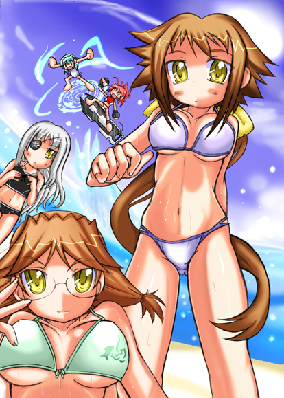 cinque (nanoha), dieci (nanoha), numbers (nanoha), quattro (nanoha), sein (nanoha), wendi (nanoha), lyrical nanoha, mahou shoujo lyrical nanoha, mahou shoujo lyrical nanoha strikers, 00s, 5girls, beach, bikini, day, eyepatch, glasses, magic circle, multiple girls, navel, outdoors, ponytail, swimsuit