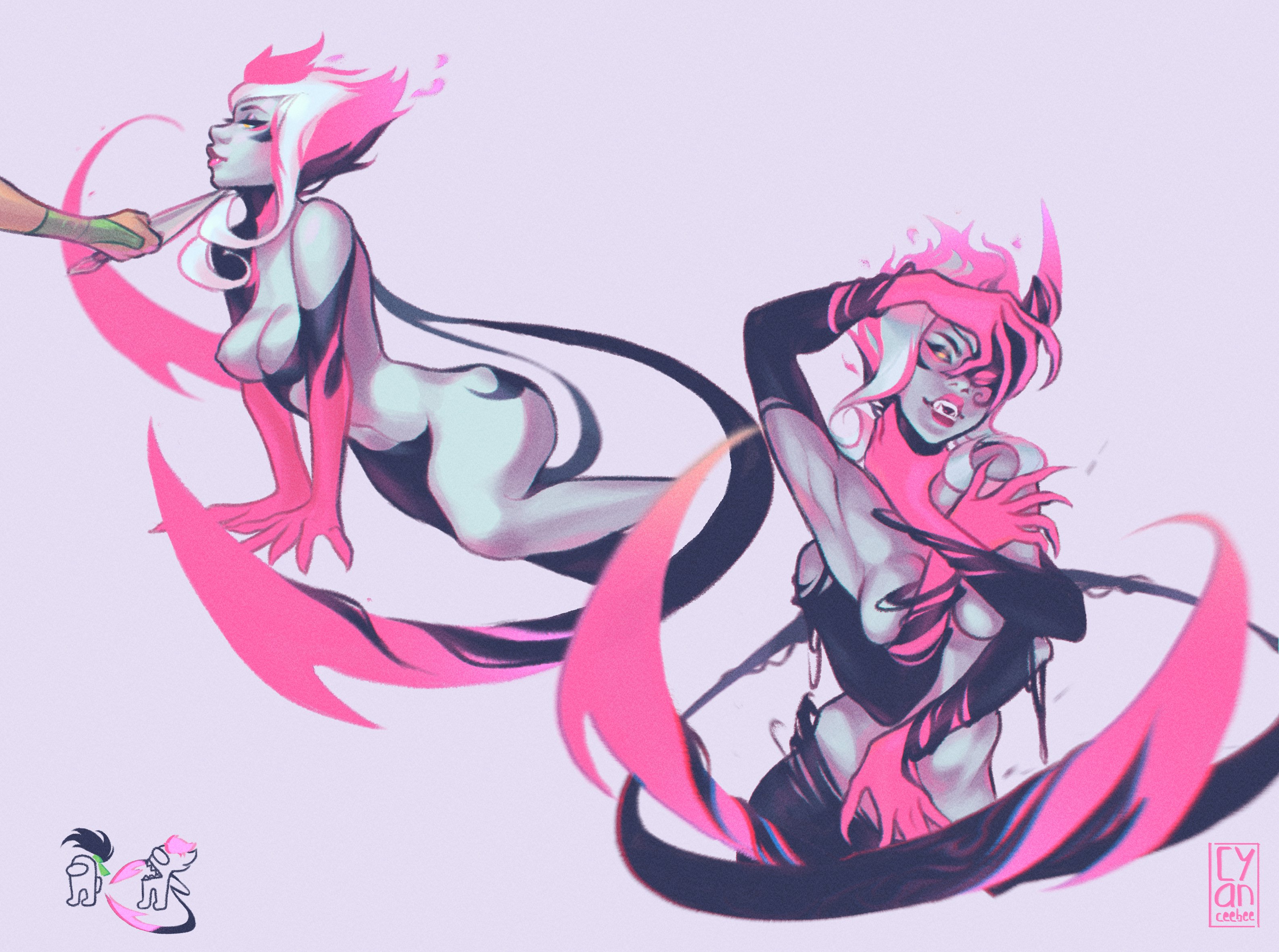 cyber (cyanceebee), akali, crewmate (among us), evelynn (league of legends), among us, league of legends, highres, 2girls, artist logo, black sclera, breasts, claws, colored sclera, colored skin, completely nude, demon girl, extra hands, glowing, glowing eyes, half-closed eyes, hand on own neck, hand up, holding, holding kunai, holding weapon, kunai, logo, looking at another, magic, medium breasts, multiple girls, navel, nipples, nude, pink lips, purple background, purple skin, simple background, smile, solo focus, weapon, weapon to chin, yellow eyes, yuri