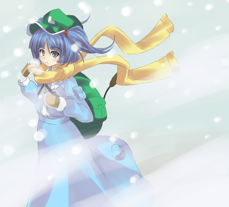 kukyo, kawashiro nitori, touhou, 1girl, backpack, bag, blue hair, female focus, hair bobbles, hair ornament, hat, mittens, purple eyes, scarf, short hair, side ponytail, snow, snowing, solo, two side up, winter, yellow scarf