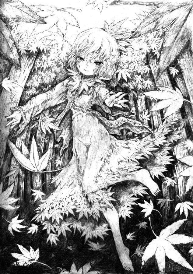 katzeh, aki shizuha, touhou, 1girl, autumn, blush, female focus, greyscale, hair ornament, leaf, leaf hair ornament, leaf on head, monochrome, see-through clothes, short hair, sketch, solo, tree