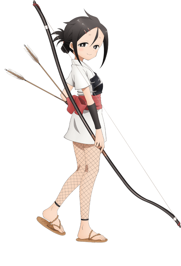 okuda yousuke, suzuran (kunoichi tsubaki no mune no uchi), kunoichi tsubaki no mune no uchi, official art, 1girl, anime coloring, arrow (projectile), black hair, blush, bow (weapon), breasts, closed mouth, fishnet pantyhose, fishnets, folded ponytail, from side, full body, grey eyes, hair between eyes, hair ornament, hairclip, holding, holding arrow, holding bow (weapon), holding weapon, japanese clothes, kimono, looking at viewer, medium breasts, muneate, obi, pantyhose, parted bangs, ponytail, sash, short hair, short kimono, short sleeves, simple background, smile, solo, standing, tachi-e, tareme, transparent background, waraji, weapon, white kimono, yumi (bow)