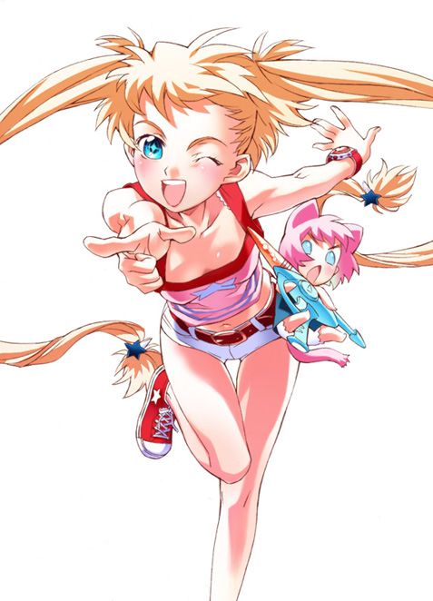 nishieda, kurahashi miori, yoshizumi mayuka, 0verflow, imouto de ikou!, 00s, 2girls, animal ears, belt, blonde hair, blue eyes, blush, camisole, crop top, flat chest, gun, leaning forward, leg lift, loli, long hair, looking at viewer, midriff, mini person, minigirl, multiple girls, navel, no socks, one eye closed, open mouth, pink hair, pointing, pointing at viewer, shoes, short hair, short shorts, shorts, simple background, smile, sneakers, star (symbol), thigh gap, thighs, twintails, very long hair, watch, weapon, wink, wristwatch