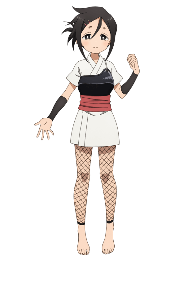 okuda yousuke, suzuran (kunoichi tsubaki no mune no uchi), kunoichi tsubaki no mune no uchi, official art, 1girl, anime coloring, barefoot, black hair, blush, breasts, clenched hand, closed mouth, fishnet pantyhose, fishnets, folded ponytail, full body, grey eyes, hair between eyes, hair ornament, hairclip, hand up, japanese clothes, kimono, looking at viewer, medium breasts, muneate, obi, open hand, outstretched arm, pantyhose, parted bangs, ponytail, red sash, sash, short hair, short kimono, short sleeves, simple background, smile, solo, spread fingers, standing, tachi-e, tareme, transparent background, white kimono