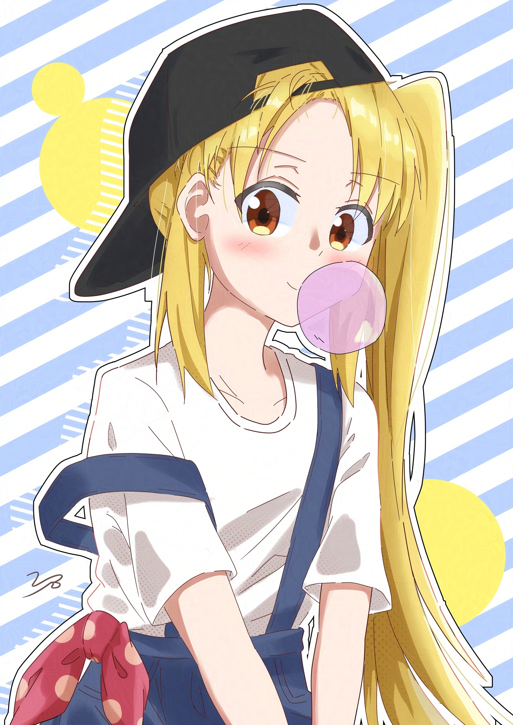 vbpicture, ijichi nijika, bocchi the rock!, absurdres, commentary request, highres, 1girl, alternate costume, backwards hat, baseball cap, blonde hair, blowing bubble gum, blush, chewing gum, denim, hair through headwear, hat, jeans, long hair, looking at viewer, orange eyes, pants, shirt, short sleeves, side ponytail, solo, suspenders, white shirt