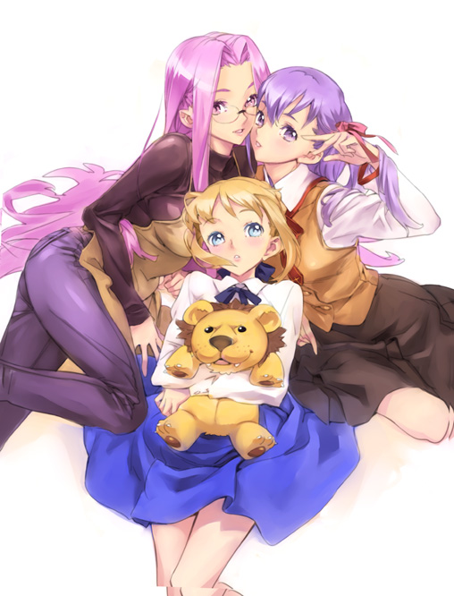 nishieda, artoria pendragon (fate), matou sakura, medusa (fate), medusa (rider) (fate), saber (fate), fate/stay night, fate (series), 00s, 3girls, blonde hair, blouse, blue eyes, dress, glasses, homurabara academy school uniform, long hair, multiple girls, purple eyes, purple hair, ribbon, school uniform, serafuku, shirt, square pupils, stuffed animal, stuffed lion, stuffed toy, very long hair