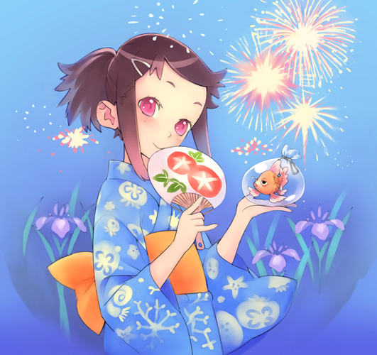 nishieda, 1girl, aerial fireworks, bag, blue kimono, brown hair, covering face, covering own mouth, covering privates, female focus, fireworks, fish, flower, goldfish, hair ornament, hairclip, hand fan, japanese clothes, kimono, paper fan, pink eyes, smile, solo, uchiwa, yukata