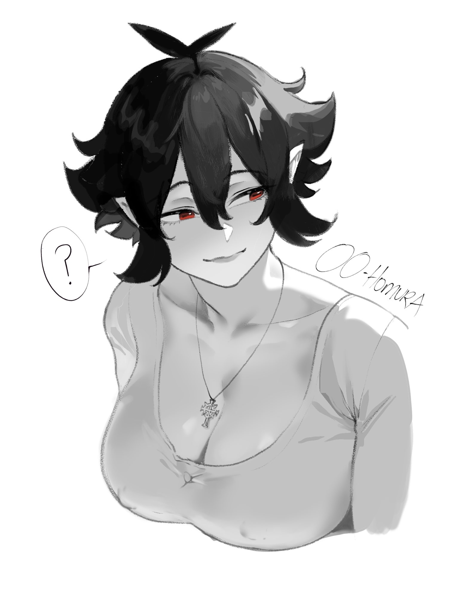 nyantcha, bloodlight (nyantcha), sister almonde (nyantcha), original, commentary, english commentary, highres, 1girl, ?, artist name, black hair, covered erect nipples, cropped torso, double-parted bangs, hair between eyes, half-closed eyes, horizontal pupils, light smile, long sleeves, red eyes, short hair, simple background, solo, spoken question mark, spot color, white background