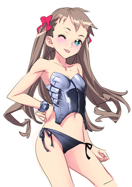 nishieda, 1girl, ;p, bikini, bikini bottom only, black bikini, blue eyes, blush, brown hair, female focus, hand on own hip, hip focus, one eye closed, ribbon, side-tie bikini bottom, simple background, solo, swimsuit, tongue, tongue out, wink
