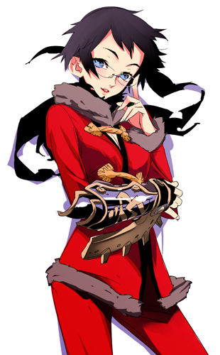 nishieda, alchemist (sekaiju), alchemist 2 (sekaiju), atlus, etrian odyssey, lowres, 1girl, adjusting eyewear, alchemist, black gloves, black hair, blue eyes, breasts, cleavage, contrapposto, cowboy shot, female focus, fingerless gloves, fur-trimmed sleeves, fur trim, glasses, gloves, jacket, long hair, long sleeves, looking at viewer, medium breasts, pants, red jacket, red pants, scarf, simple background, single fingerless glove, single glove, solo, standing, white background