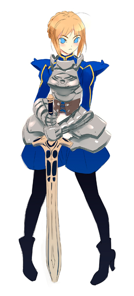 nishieda, artoria pendragon (fate), saber (fate), fate/stay night, fate (series), 00s, 1girl, alternate costume, armor, blonde hair, blue eyes, blush, female focus, full body, hands on hilt, high heels, pantyhose, pigeon-toed, shoes, simple background, solo, sword, weapon